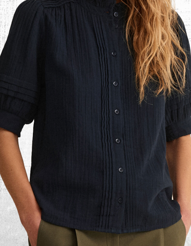 Ex ME+EM Women’s Short Sleeve Shirred Cuff Cheesecloth Blouse In Navy RRP £75