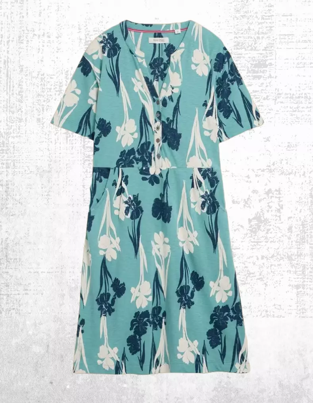 Ex White Stuff Women’s Jersey Cotton Dress in Teal Multi Temy