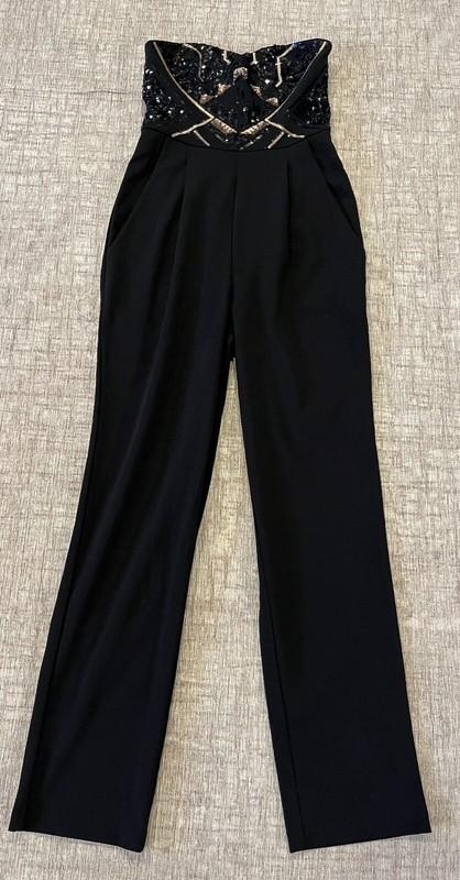 Express Black Gold Sequin Jumpsuit Geometric Halter Top Size 00 Party Sparkle