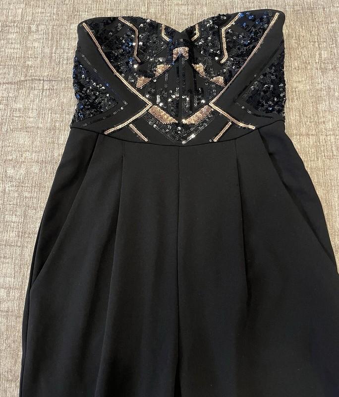 Express Black Gold Sequin Jumpsuit Geometric Halter Top Size 00 Party Sparkle