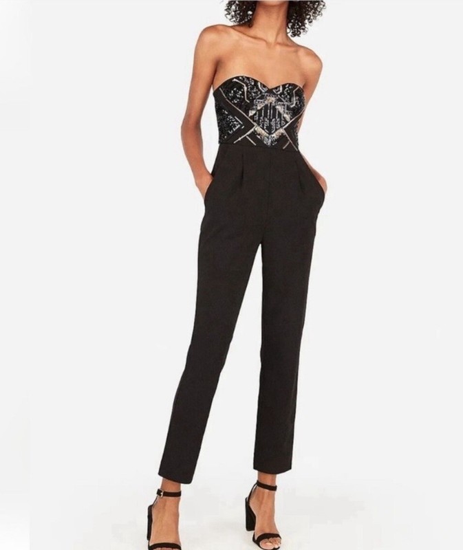 Express Black Gold Sequin Jumpsuit Geometric Halter Top Size 00 Party Sparkle