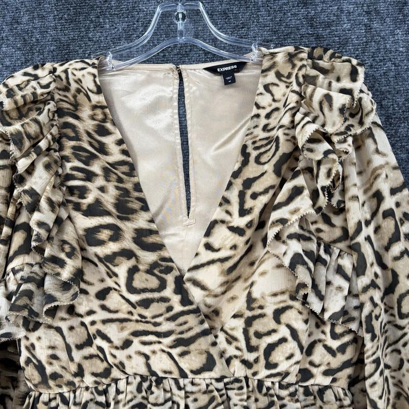 Express Leopard Blouse Tiered Ruffle Sheer Sleeves Women’s Medium Sexy Mob Wife