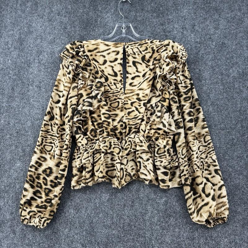 Express Leopard Blouse Tiered Ruffle Sheer Sleeves Women’s Medium Sexy Mob Wife