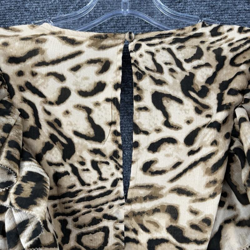 Express Leopard Blouse Tiered Ruffle Sheer Sleeves Women’s Medium Sexy Mob Wife
