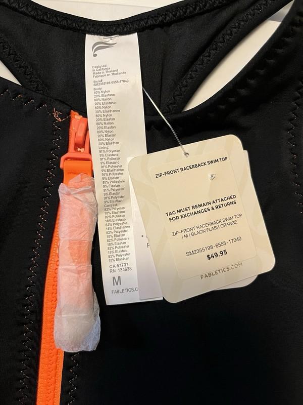 Fabletics Swim Top Womens Medium Black Orange Zip Front Racerback Sports Bra NWT