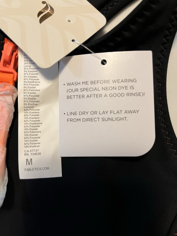 Fabletics Swim Top Womens Medium Black Orange Zip Front Racerback Sports Bra NWT