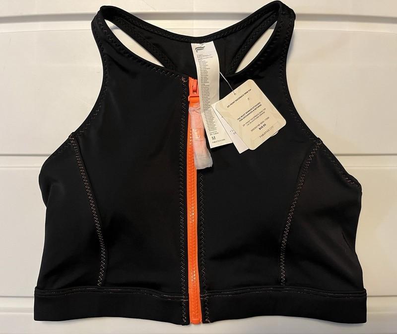Fabletics Swim Top Womens Medium Black Orange Zip Front Racerback Sports Bra NWT