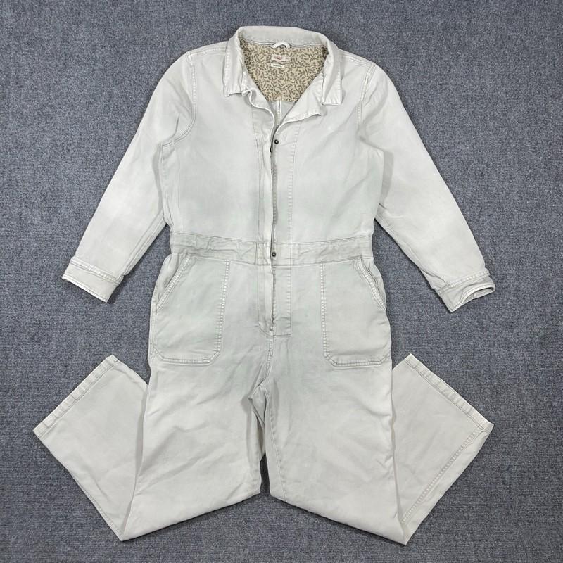 FAHERTY Organic Cotton Twill Denim Overalls Washed Light Gray Size XL 0630