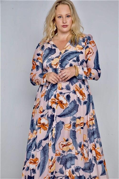 Fanco Floral Button Down Smocked Waist Long Maxi Dress Pink Junior Plus XL & XXL