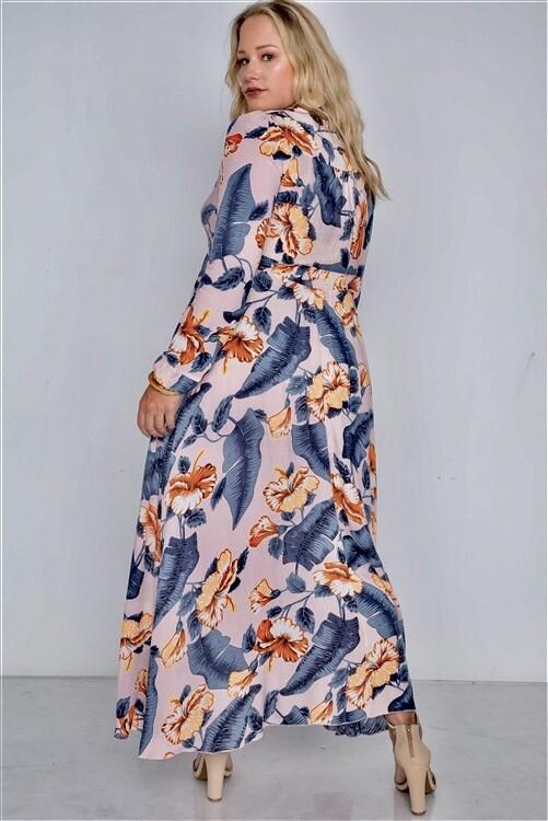 Fanco Floral Button Down Smocked Waist Long Maxi Dress Pink Junior Plus XL & XXL