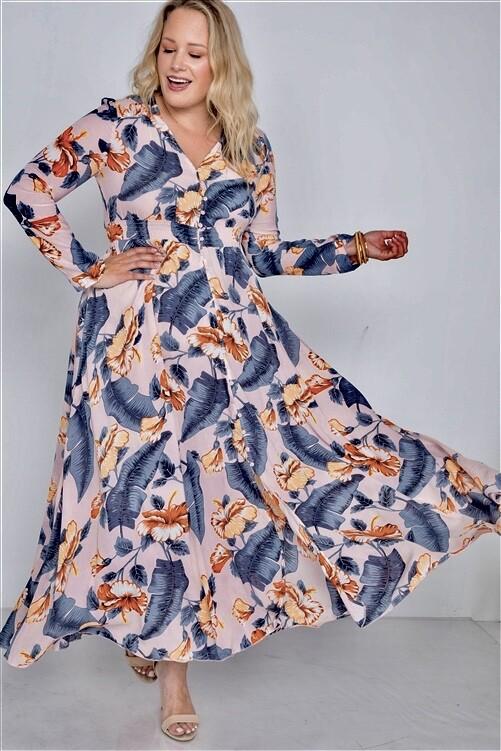 Fanco Floral Button Down Smocked Waist Long Maxi Dress Pink Junior Plus XL & XXL