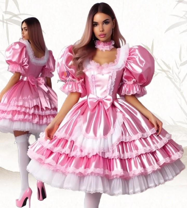 Fantasy Cosplay Pink Prom Dress Short Sleeve Lolita Silk Medieval Evening Dress
