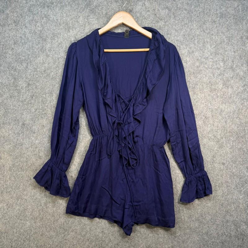 Farm Playsuit Womens Size UK 6-8 Navy Blue Ruffle Front V Neck Lined Mini