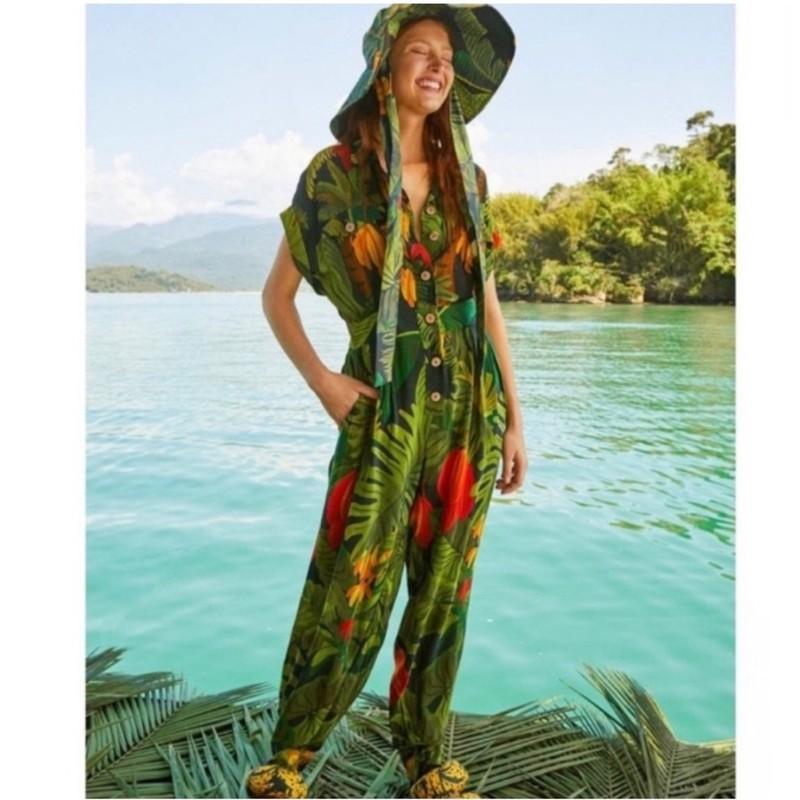Farm Rio Cocoa Forest Jumpsuit Romper Size: Large Tropical Beach Vacation