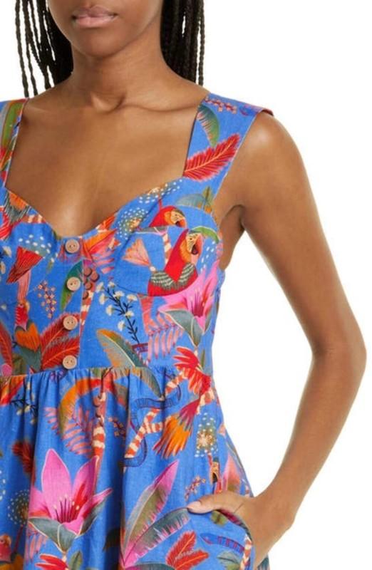 FARM Rio Macaw Party Tiered Linen Blend Fit & Flare Minidress 1A 2011/1 BLM