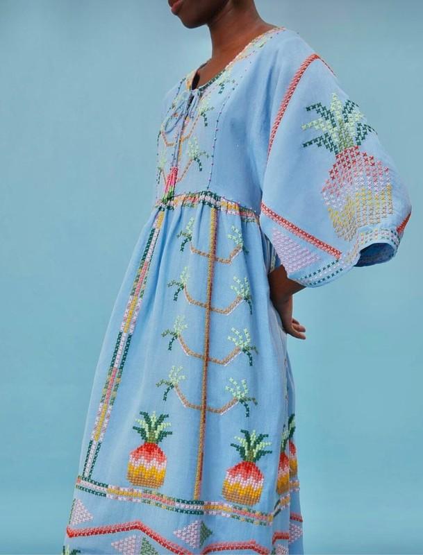 Farm Rio Pineapple Embroidered Maxi Dress $345 Size XS S M L XL Linen Blend NWT