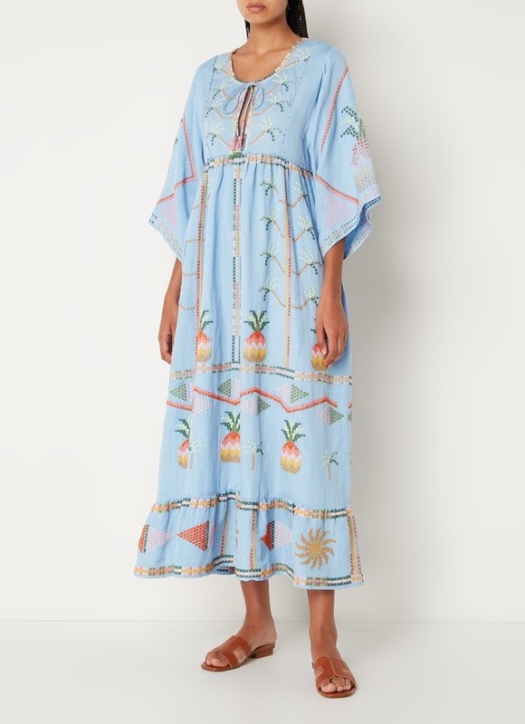 Farm Rio Pineapple Embroidered Maxi Dress $345 Size XS S M L XL Linen Blend NWT