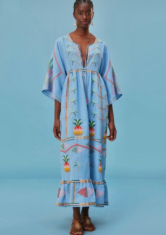 Farm Rio Pineapple Embroidered Maxi Dress $345 Size XS S M L XL Linen Blend NWT
