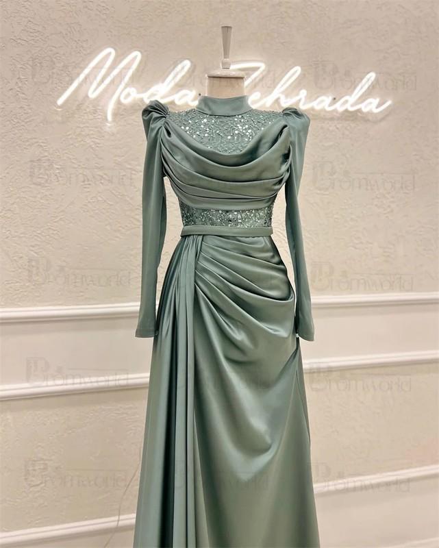 Fashion Hijab Long Sleeve Evening Dresses Woman Elegant Satin Sequin High Neck