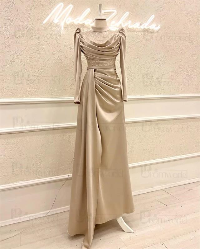 Fashion Hijab Long Sleeve Evening Dresses Woman Elegant Satin Sequin High Neck