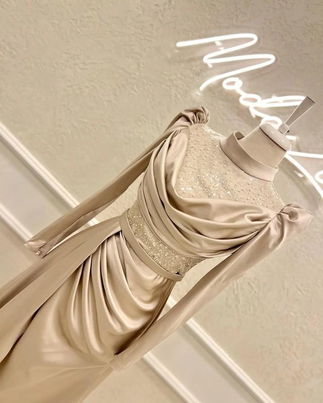 Fashion Hijab Long Sleeve Evening Dresses Woman Elegant Satin Sequin High Neck