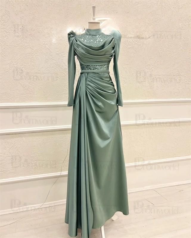 Fashion Hijab Long Sleeve Evening Dresses Woman Elegant Satin Sequin High Neck