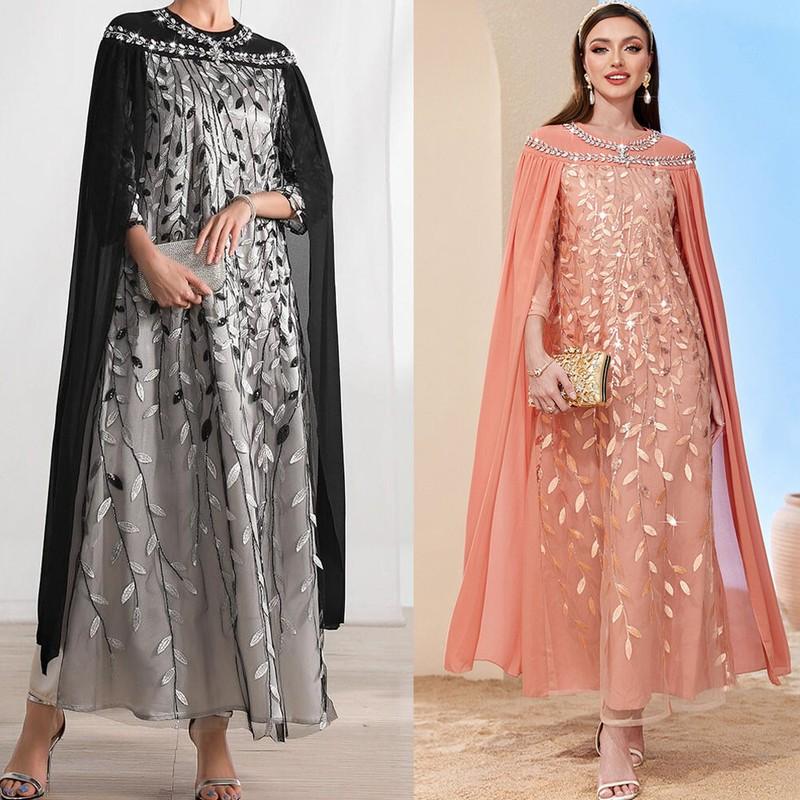 Fashion Lace Abaya Women Cape Maxi Dress Muslim Kaftan Dress Robe Gown Evening