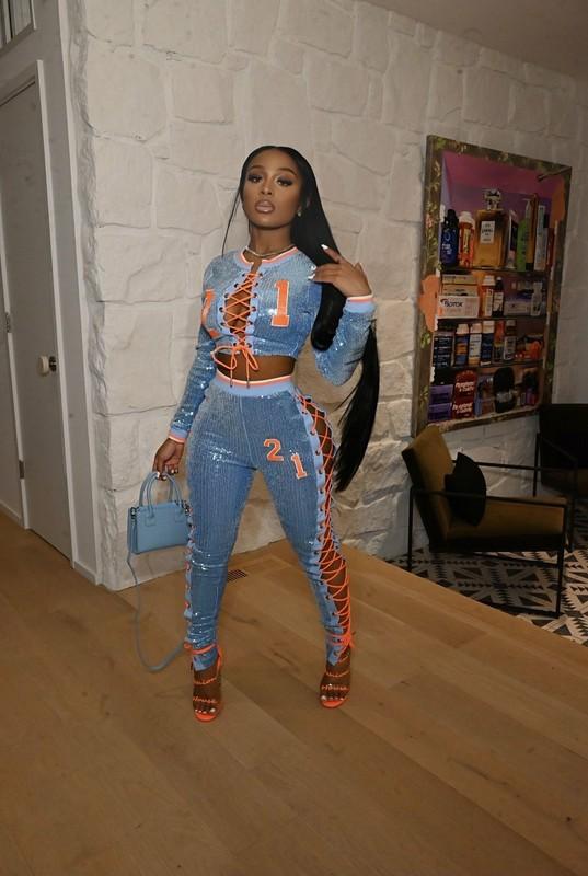 Fashion New Womens Bandage Long Sleeves Sequin Patchwork Club Jumpsuit2pcs Party