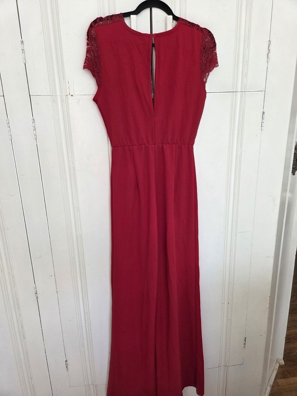 Fashion Nova Red Front Lace Pants Jumpsuit Large Stretch V Neck Sleeveless