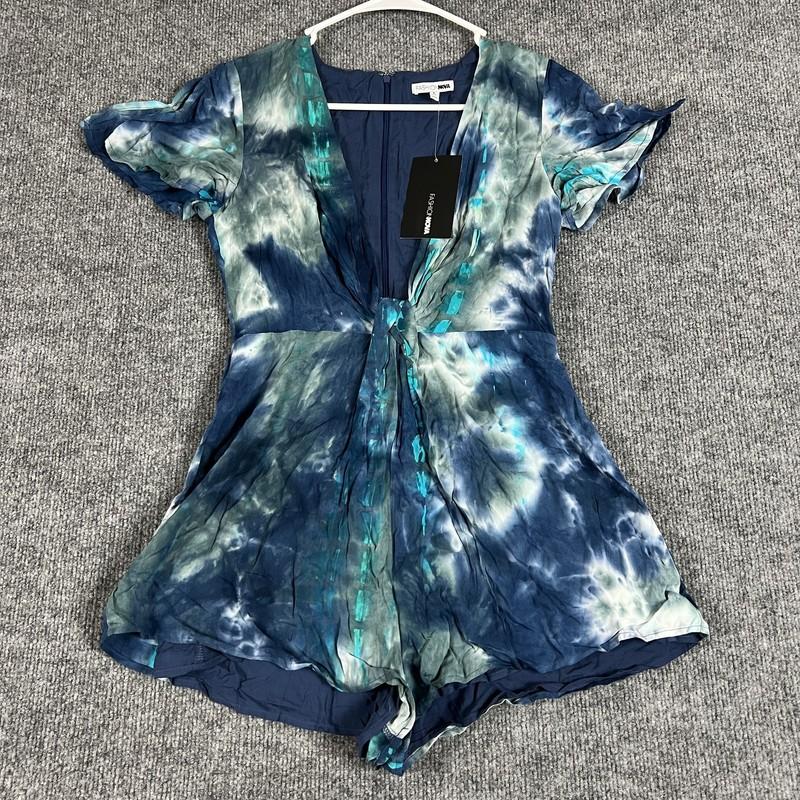 Fashion Nova Romper Womens Small Blue Tie Dye Better Be True Short Sleeve Rayon