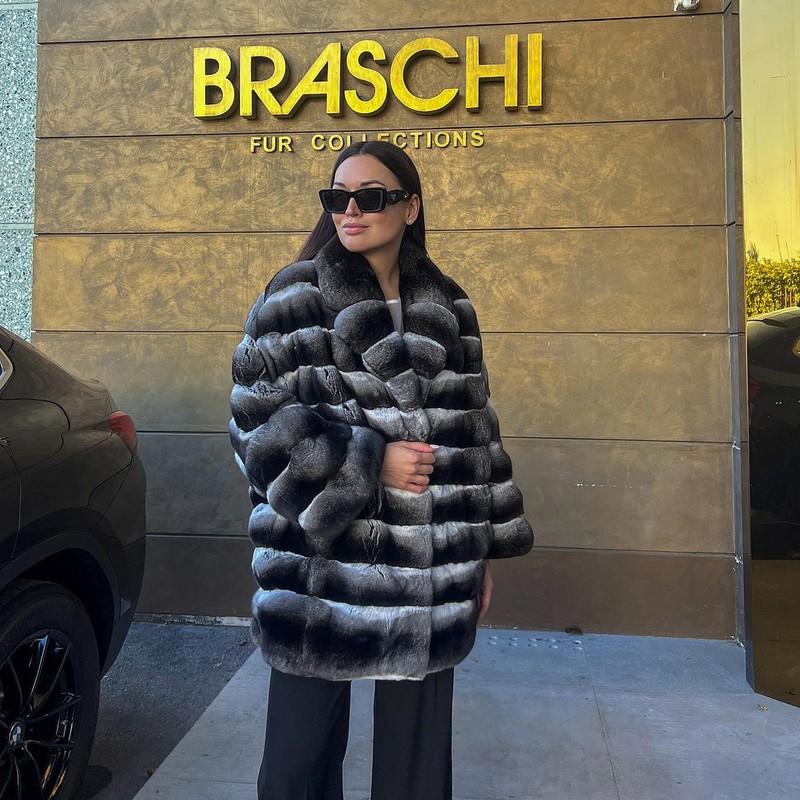 Fashion Women Chinchilla Coats 100%Natural Rex Rabbit Fur Jackets Lapel Overcoat