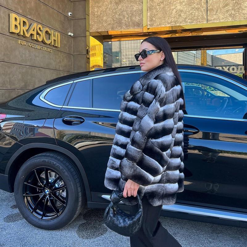 Fashion Women Chinchilla Coats 100%Natural Rex Rabbit Fur Jackets Lapel Overcoat