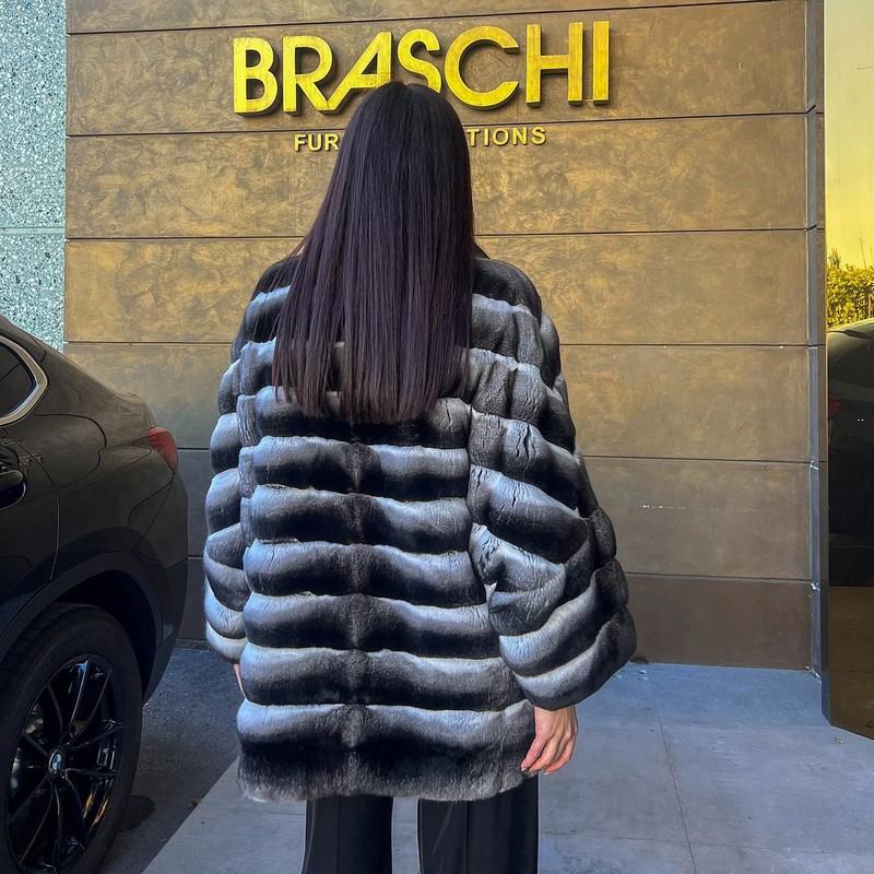 Fashion Women Chinchilla Coats 100%Natural Rex Rabbit Fur Jackets Lapel Overcoat