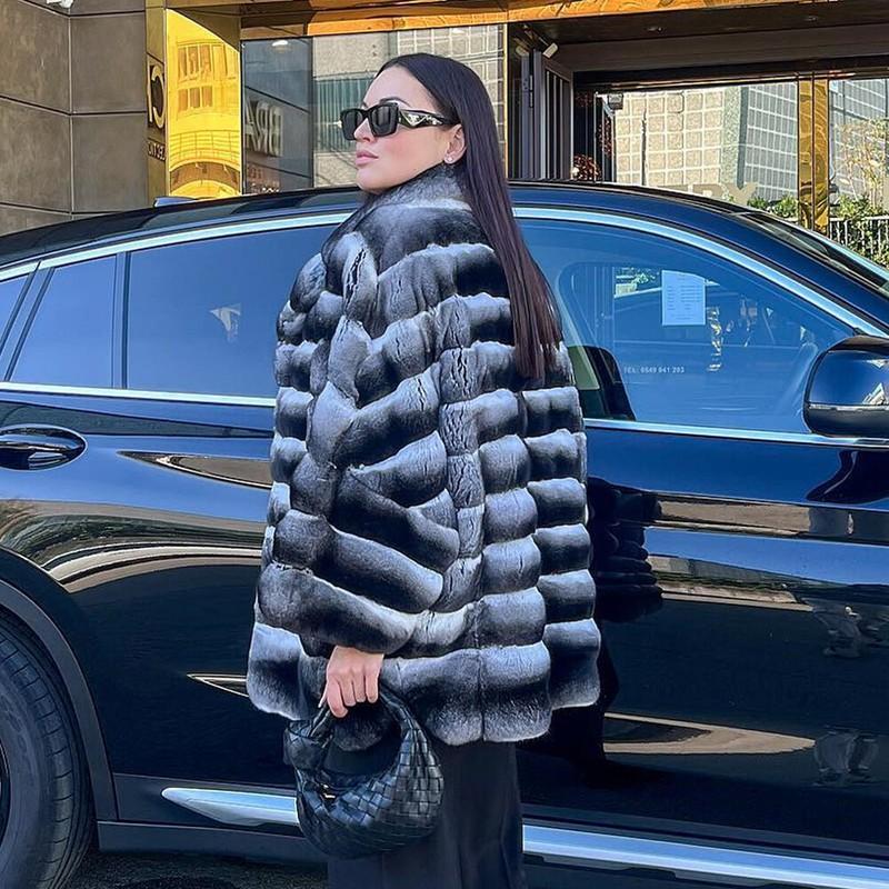 Fashion Women Chinchilla Coats 100%Natural Rex Rabbit Fur Jackets Lapel Overcoat