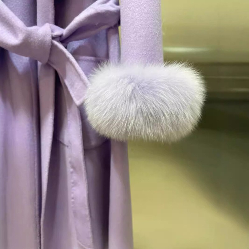 Fashion Womens Cashmere Coat Real Fox Fur Collar Long Light Luxury Trench Coat