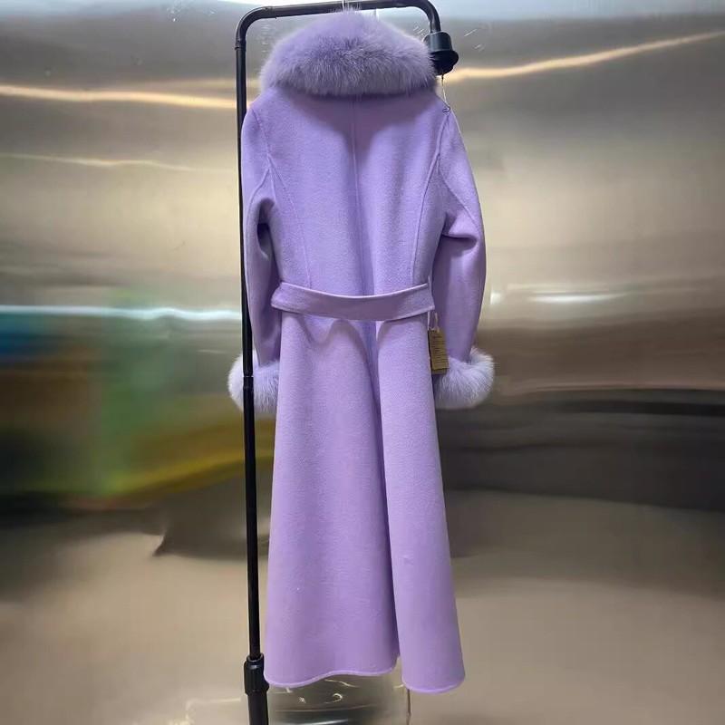 Fashion Womens Cashmere Coat Real Fox Fur Collar Long Light Luxury Trench Coat