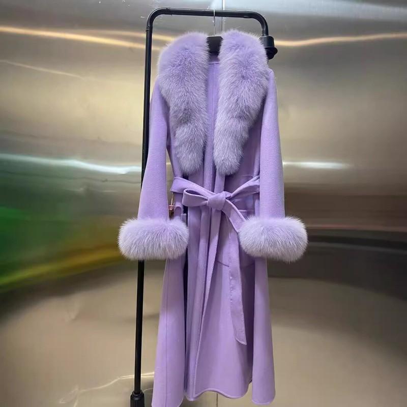 Fashion Womens Cashmere Coat Real Fox Fur Collar Long Light Luxury Trench Coat