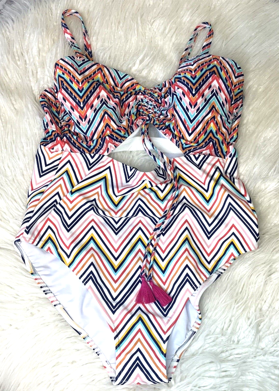 Figleaves Swimwear One Piece Swimsuit Size 38DD Chevron Cutout Wired Tassels NWT