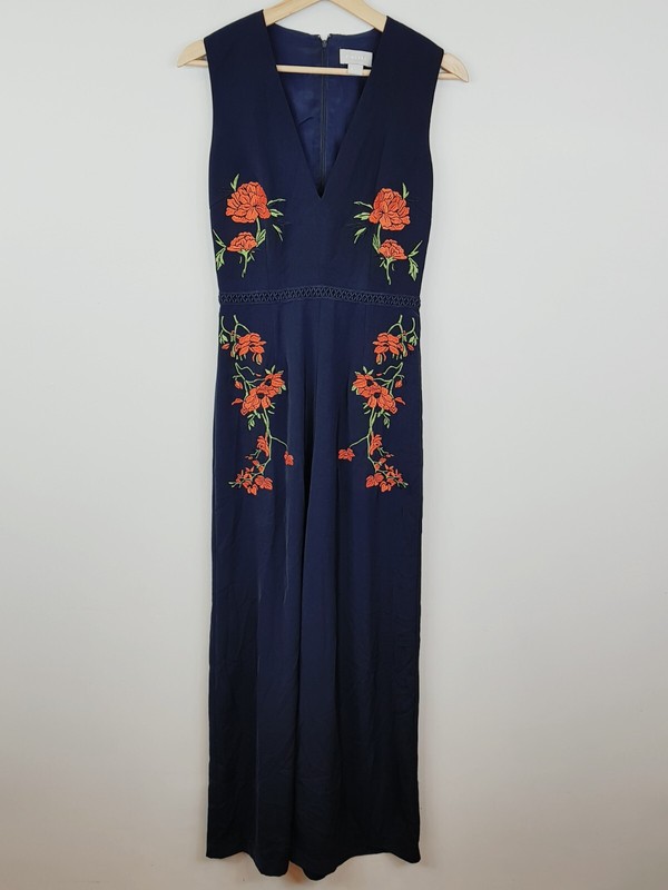 FINDERS The Label Womens Size S or 8 Navy Floral Embroidered Sleeveless Jumpsuit