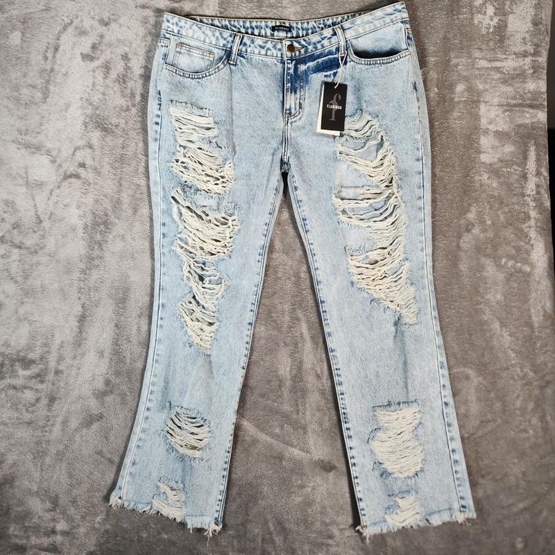 Flamingo Jeans Womens 38X29 Curve Blue Stretch Light Wash Distressed Rip