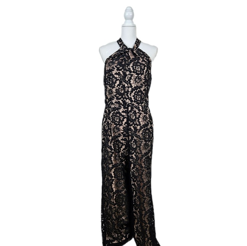 Flawed Julia Jordan Floral Lace Halter Jumpsuit Black Nude Sz 14 Wide Leg Formal