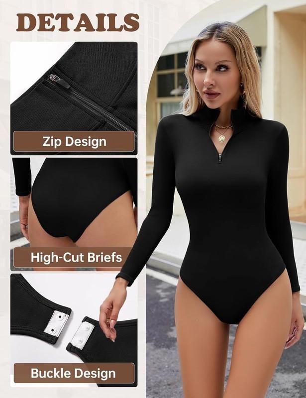 Fleece Lined Long Sleeve Bodysuit For Women Mock Turtleneck Casual Leotard Tops