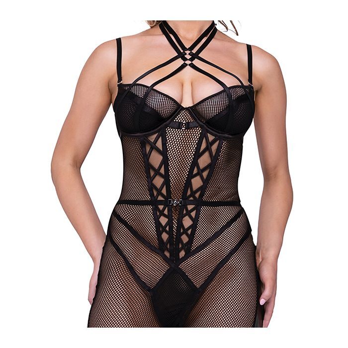 Flirty Fetish Fishnet & Faux Leather Catsuit W/Satin Trim Black
