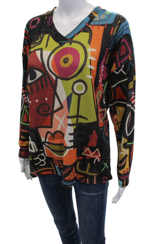 Flora Ashley Womens Long Sleeve Graphic Print V Neck Top Multicolor Size M