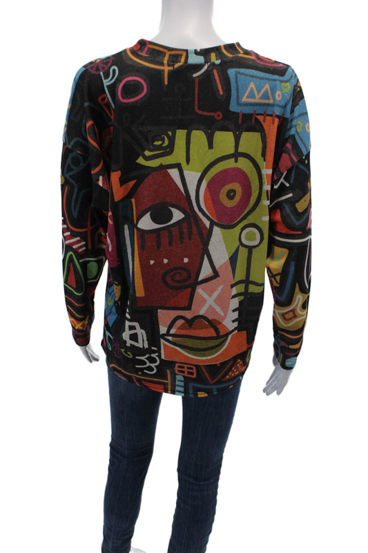 Flora Ashley Womens Long Sleeve Graphic Print V Neck Top Multicolor Size M