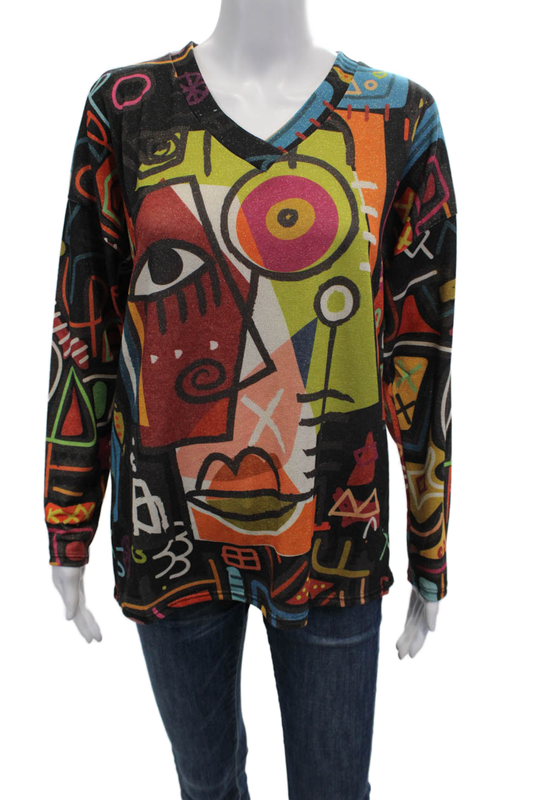 Flora Ashley Womens Long Sleeve Graphic Print V Neck Top Multicolor Size M