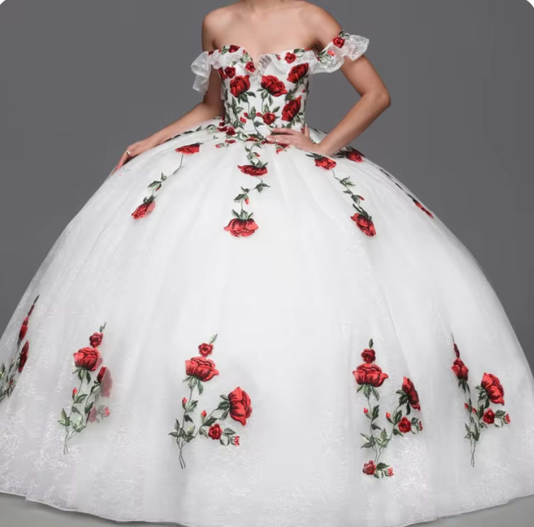 Floral Embroidery Quinceanera Dress Sparkly Tulle Ball Mexican Quince Sweet 15
