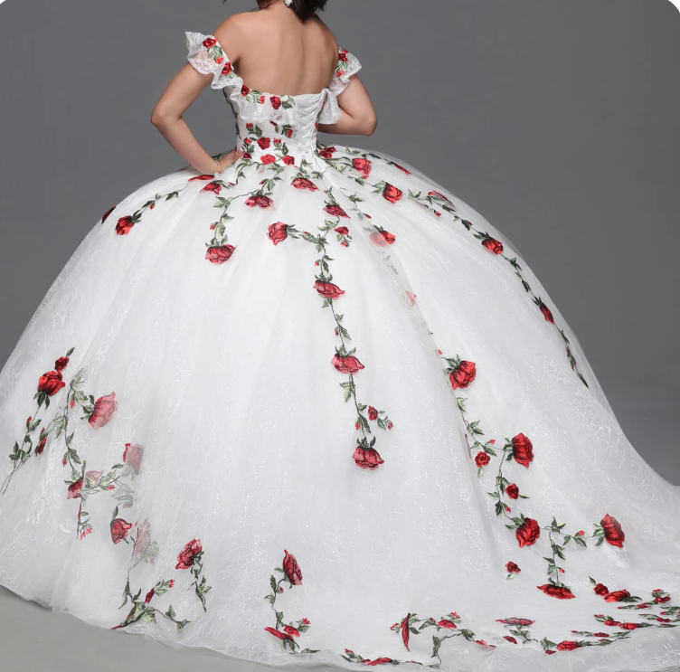 Floral Embroidery Quinceanera Dress Sparkly Tulle Ball Mexican Quince Sweet 15