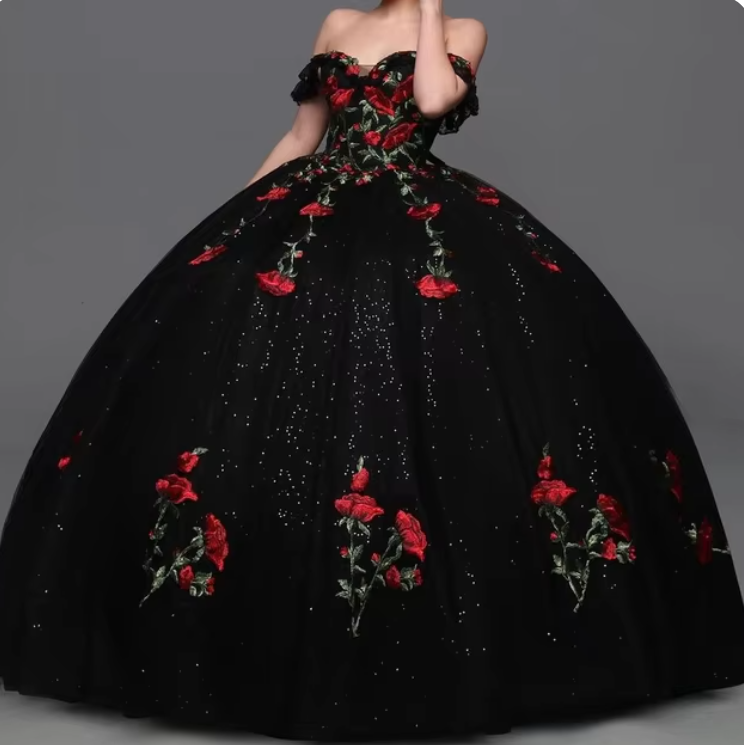 Floral Embroidery Quinceanera Dress Sparkly Tulle Ball Mexican Quince Sweet 15