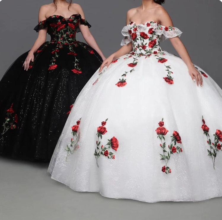 Floral Embroidery Quinceanera Dress Sparkly Tulle Ball Mexican Quince Sweet 15